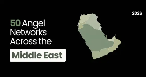 Map of 50 active angel investment networks across 11 Middle Eastern countries, showing the regional distribution of early-stage investor groups.