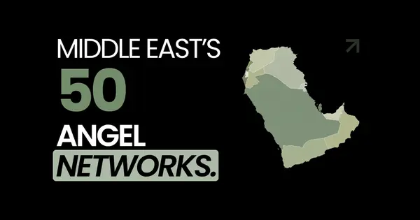 Map of 50 active angel investment networks across 11 Middle Eastern countries, showing the regional distribution of early-stage investor groups.